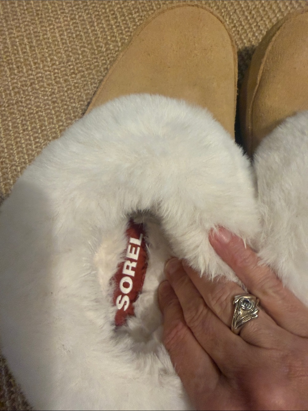 Sorel Women's Tan Suede Slippers with White Shearling Collar
